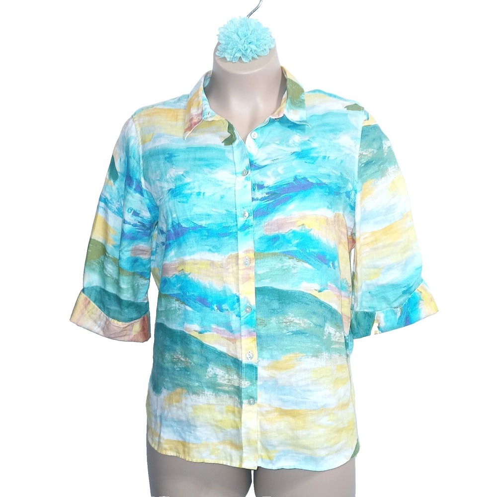 Chico's Linen Painted Art Women Button Up Shirt 3 16 Aqua Yellow 3/4 Sleeve Work
